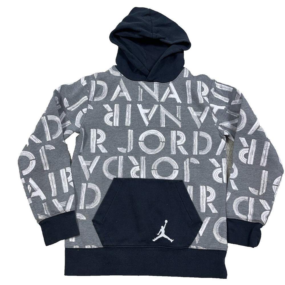 Jordan Hoodie Boys Medium Gray Black Sweatshirt Sweater Big Jump Man AOP Youth